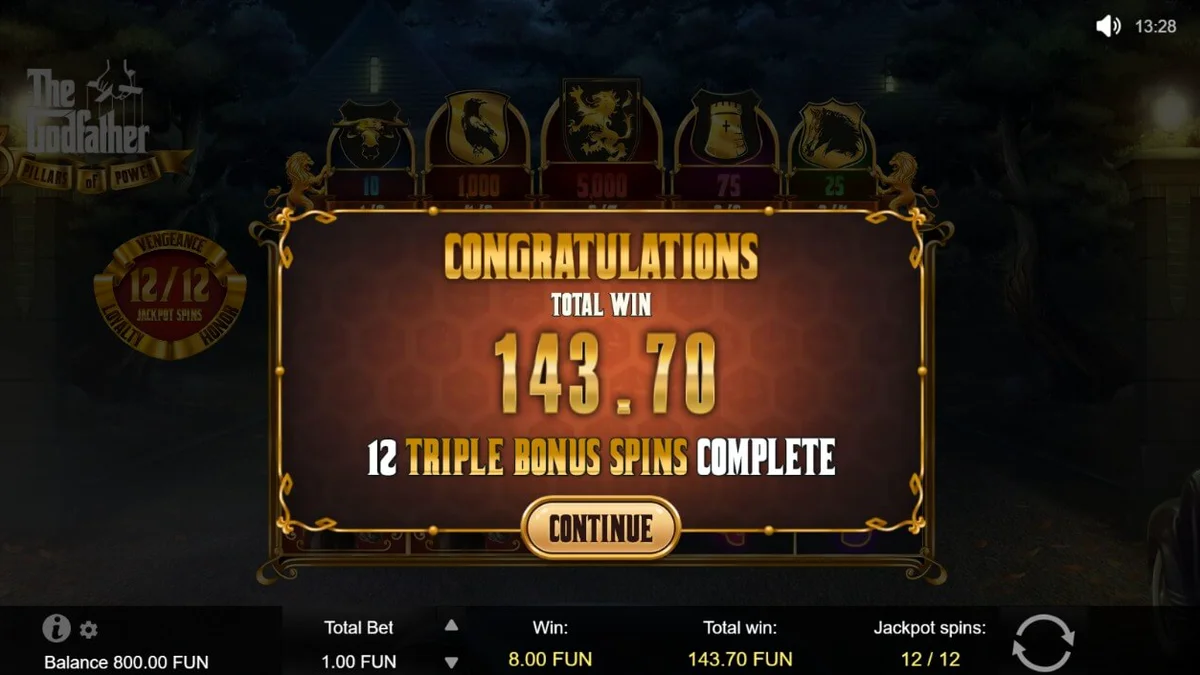 The Godfather: 3 Pillars of Power slot game interface showing the moody office setting and golden pillars.