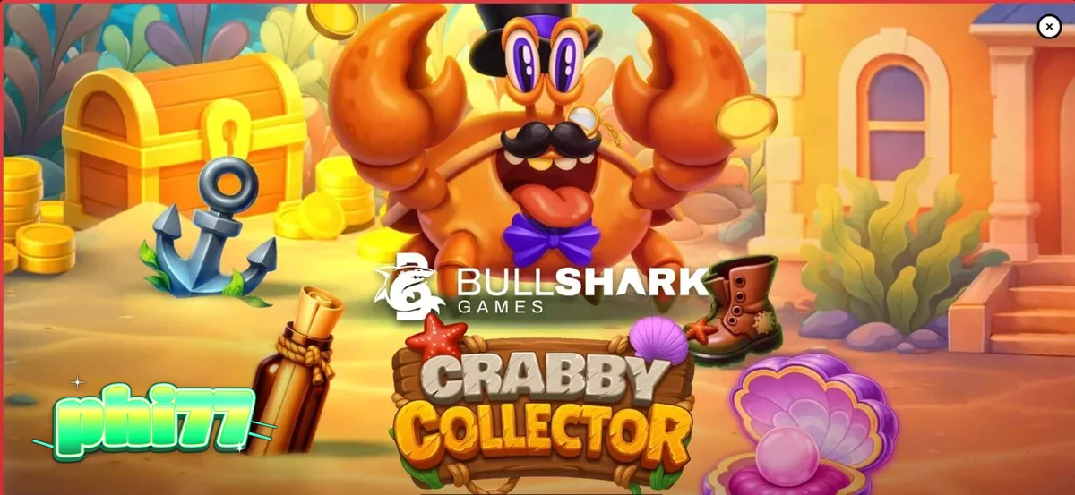 Isang masayang alimango na may monocle sa ilalim ng dagat na napapalibutan ng mga kayamanan sa slot na Crabby Collector.